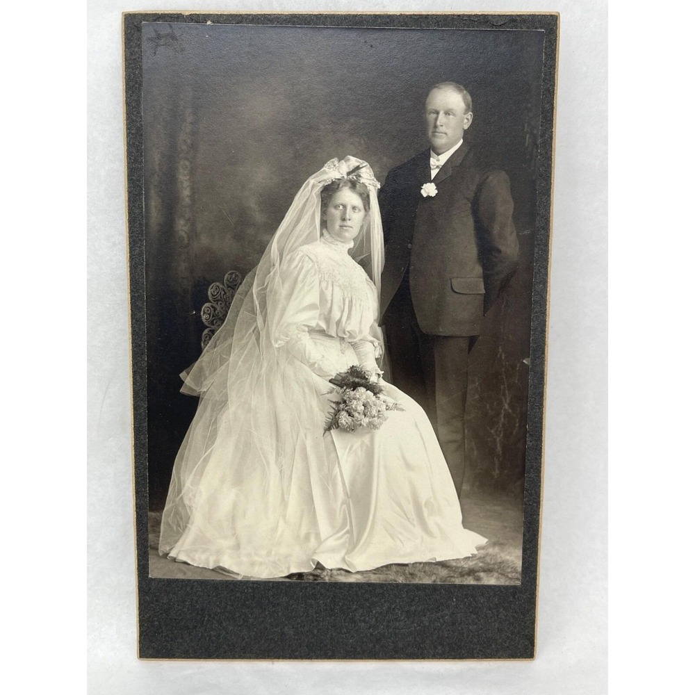 Antique Wedding Cabinet Card‎ Black White Photo Photograph Bride Groom Ephemera